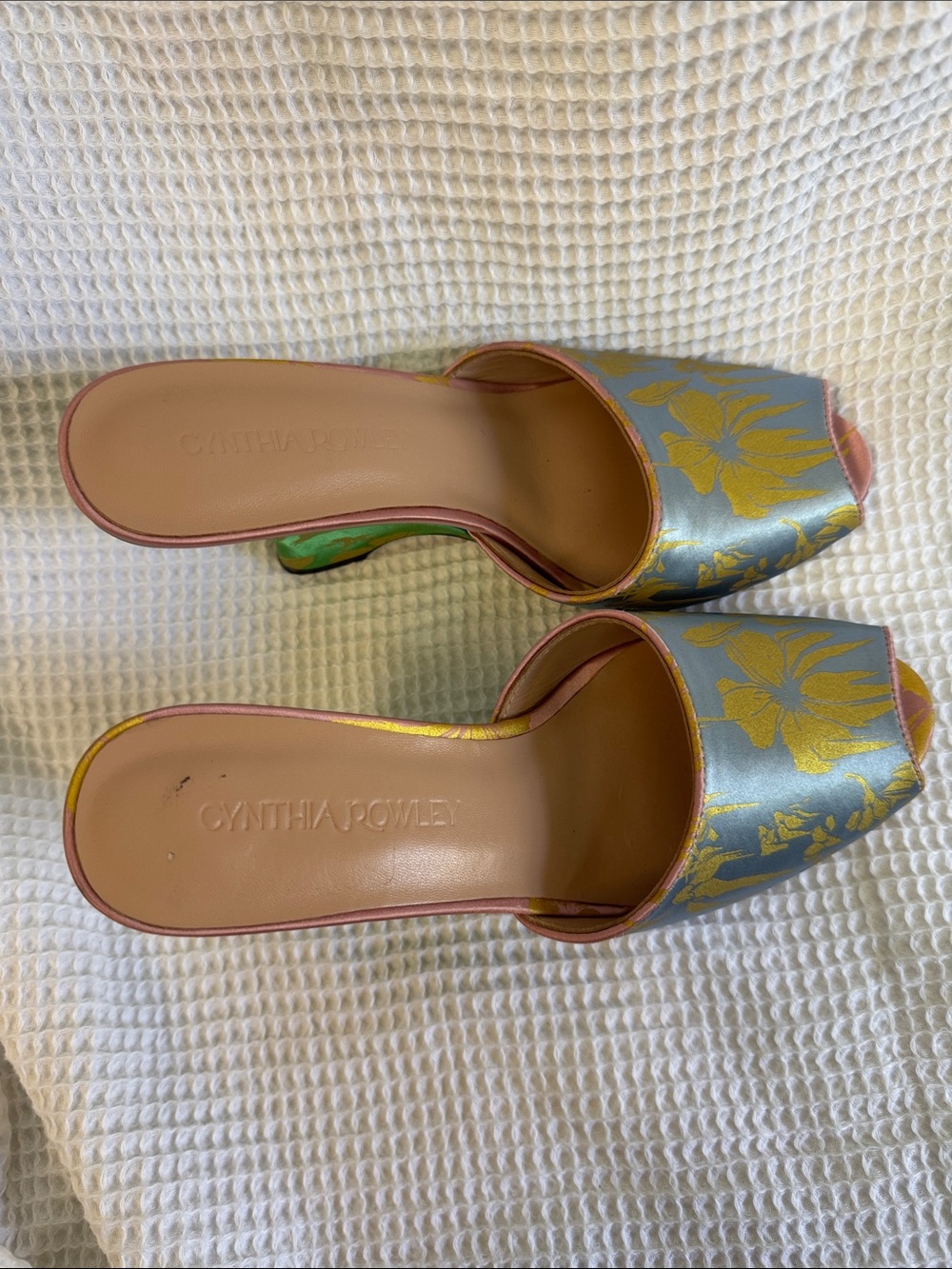 Floral Peep-Toe Wedge Mules in Blue, Green with pink accents - Picture 5 of 6